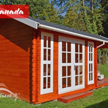 Drevený záhradný domček GRANADA o rozmeroch 760x380 cm s francúskymi oknami a miestom na terasu situovaný na zahrade