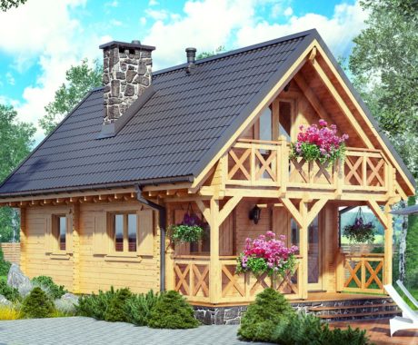 Drevená chata DENVER – svetlé drevo s kvetmi na balkóne