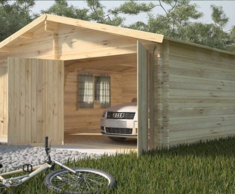 Drevená garáž ELEONORA – otvorená garáž s autom a bicyklom
