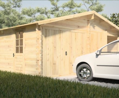 Drevená garáž ELEONORA – bočný pohľad s autom pred bránou