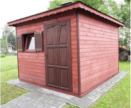 Drevený záhradný domček VOLOVEC – mahagónový odtieň s ozdobnými dverami