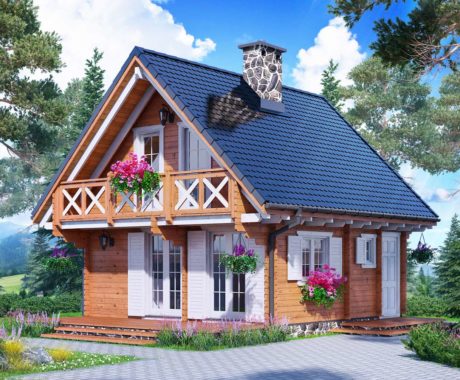 Drevená chata DALLAS – čelný pohľad s kvetmi na balkóne