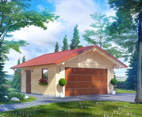 Drevená garáž FLORENTYNA – pohľad zo záhrady na garážovú bránu