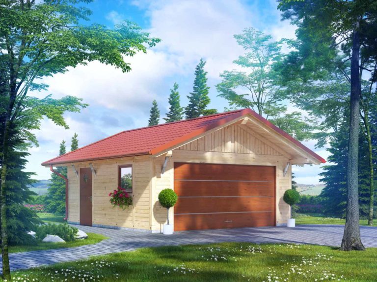 Drevená garáž FLORENTYNA – pohľad zo záhrady na garážovú bránu