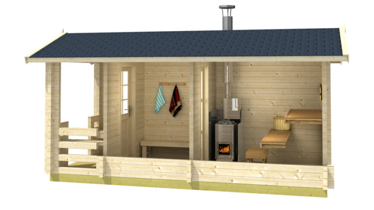 Drevená sauna OSKARI – bočný prierez interiérom s pecou a lavicami