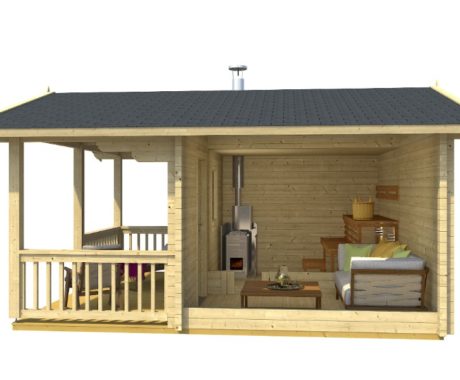 Drevená sauna TERVO – interiér s pecou a posedením