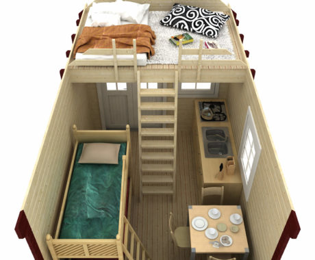 Drevený záhradný domček BUNKIE – rez interiérom so spacím podkrovím
