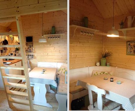 Drevený záhradný domček BUNKIE – jedálenský kút s rebríkom do podkrovia