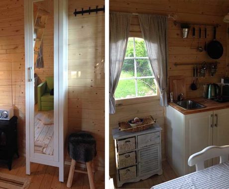 Drevený záhradný domček BUNKIE – interiér so zrkadlovou skriňou a kachľami