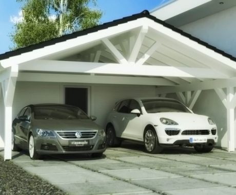 Drevený prístrešok pre auto PORI – dve zaparkované autá pod bielym prístreškom