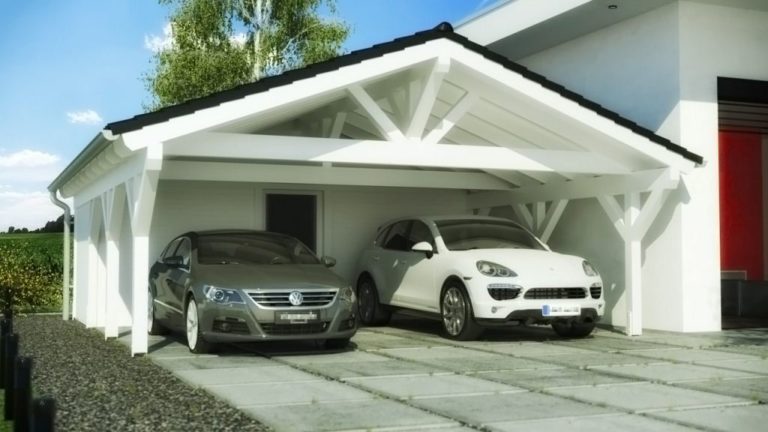 Drevený prístrešok pre auto PORI – dve zaparkované autá pod bielym prístreškom