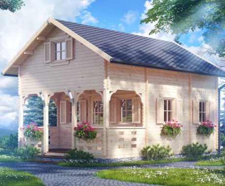 Drevená chata ATLANTA – pohľad zo záhrady s kvetmi na verande