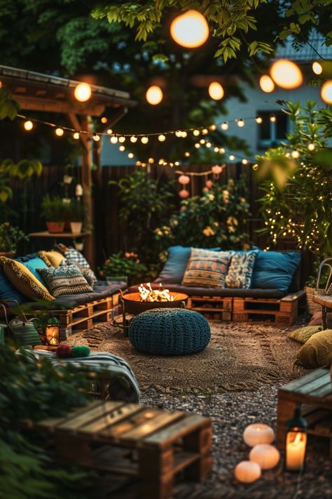 hygge terasa v záhrade s paletovým sedením, ohniskom a svetelnými reťazami vo večernom svetle