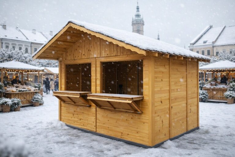 Drevený predajný stánok LINZ – v zime so snehom na vianočných trhoch