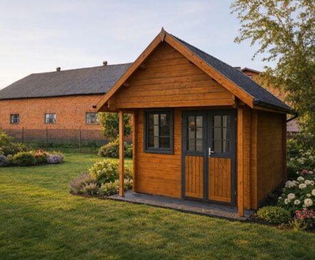 Drevený záhradný domček BUNKIE – hnedý domček medzi kvetinovými záhonmi