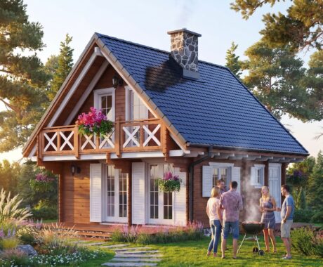 Chata DALLAS – vizualizácia: večerná grilovačka s priateľmi