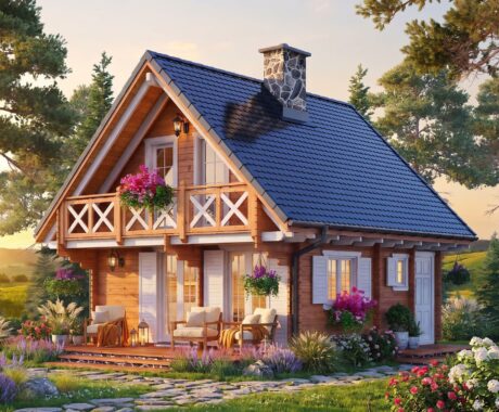 Chata DALLAS – vizualizácia: západ slnka v krásnej záhrade