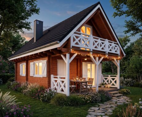 Chata DENVER – vizualizácia: letný večer s prestretým stolom