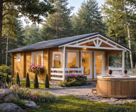 Záhradný domček PANORAMA – vizualizácia: wellness večer s drevenou vírivkou