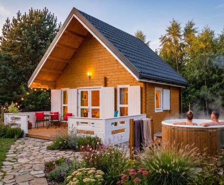 Záhradný domček SANTIAGO IV – vizualizácia: wellness večer s drevenou vírivkou
