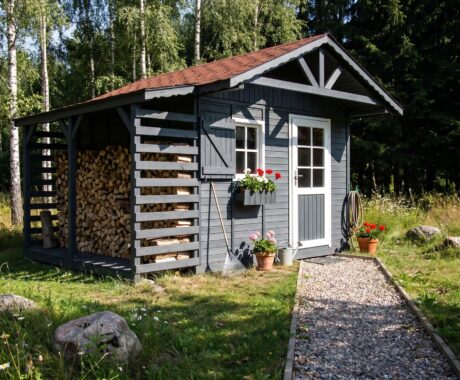 Záhradný domček BESKYDEK – vizualizácia: farebný variant – antracitová s bielymi rámami