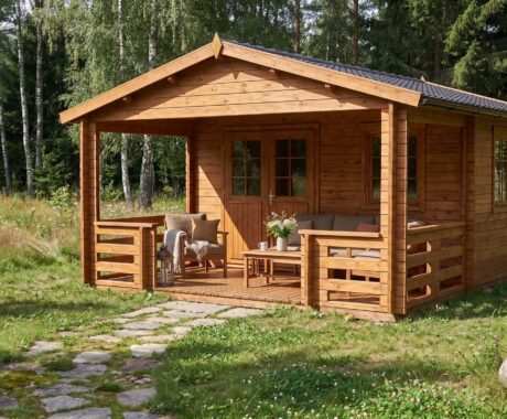 Záhradný domček MONTANA – vizualizácia: farebný variant – teakový odtieň