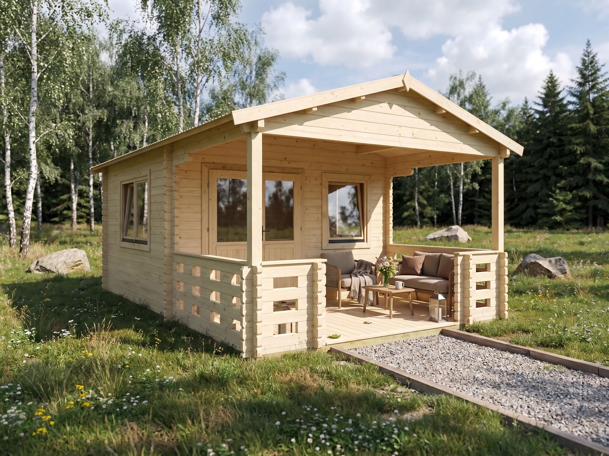 Záhradný domček MONTANA – vizualizácia: letné popoludnie – pohľad 3