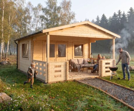 Záhradný domček MONTANA – vizualizácia: grilovačka pri domčeku