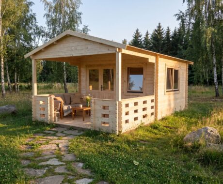 Záhradný domček MONTANA – vizualizácia: zlatá hodina v záhrade – pohľad 3